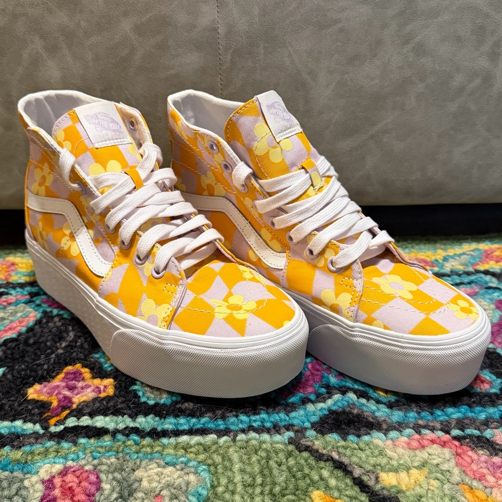 VANS Canvas High Top Sneakers - Floral And Checkered Pattern
